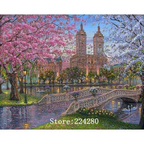 Sakura Romantic Scenery Bridge Needlework,For Embroidery,DIY 14CT Unprinted Cross stitch kits Cross-Stitching decor crafts