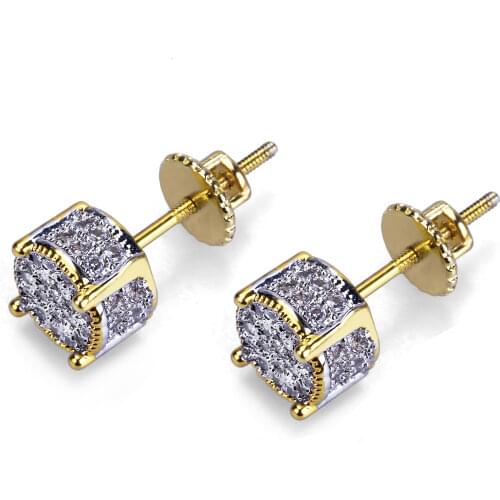 Men Hip Hop Iced Out Cubic Micro Zircon Round Stud Earrings LabScrewback Earring Jewelry