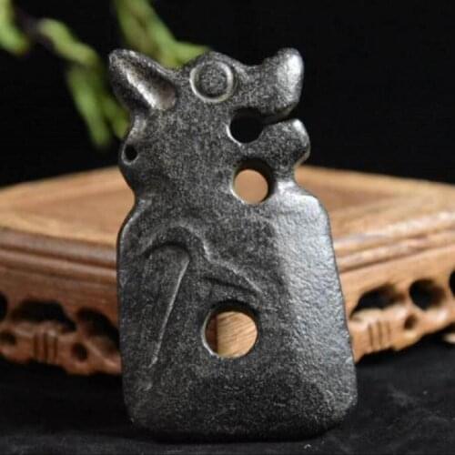 Hongshan culture archaize black iron meteorite sculpture tiger head axe statue