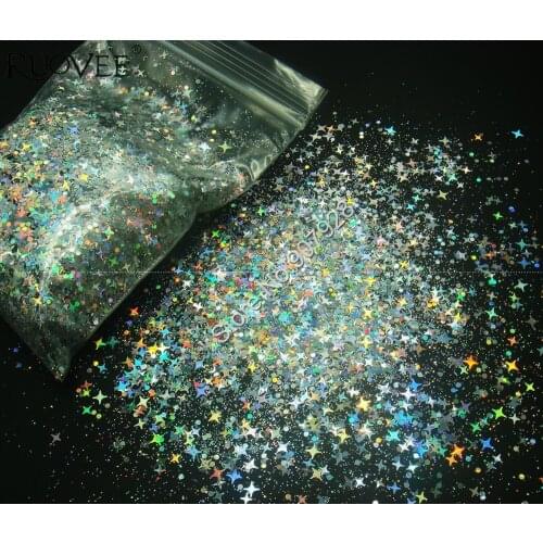 Mixed Four Angle Stars Holographic Silver Glitter Powder Sequin Shapes for DIY Nail Art Makeup Facepainting Craft