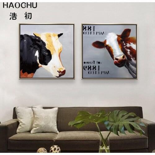 HAOCHU Modern Triptych Abstract Frameless Oil Painting Colorful Realist Animal Portrait Wall Pictures Cow Deer Home Decoration
