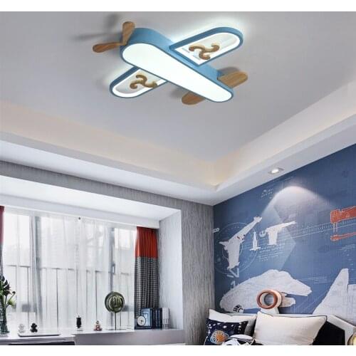 Nordic Creative Art Led Chandelier Blue&Yellow Cartoon Airplane Iron Ceiling Lights with Wood for Children Bedroom Personalized