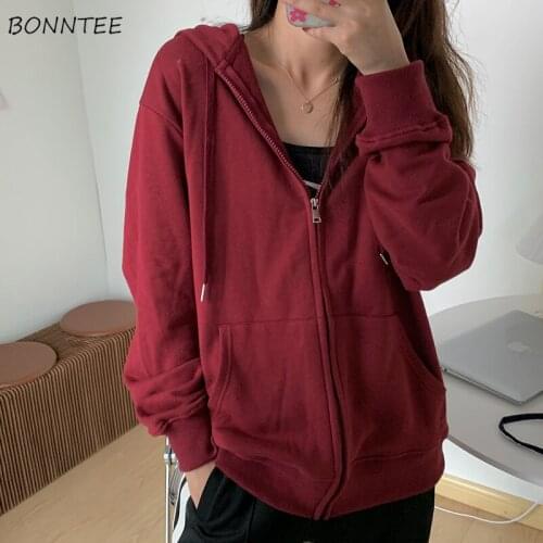 Hoodies Women Hooded Casual Zip-up Leisure Loose Solid Chic Harajuku Korean Style All-match Simple Streetwear Female New Lazy