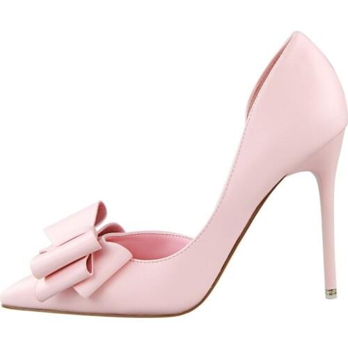 Sweet bow-knot high-heeled shoes, thin heels, high heels, shallow mouth, pointed head and side hollow single shoes