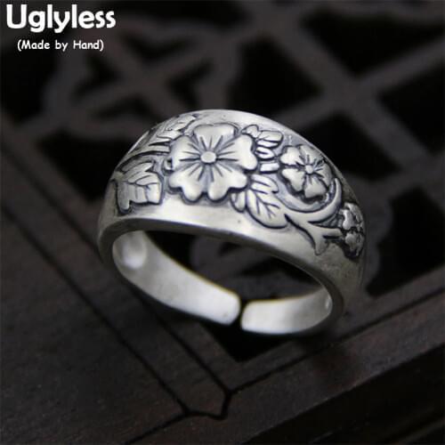 Uglyless Real S 999 Fine Silver Jewelry Women Ethnic Finger Rings Embossed Flower Handmade Open Ring Vintage Floral Wide Bijoux