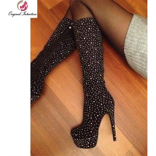Original Intention Gorgeous Women Knee High Boots Rhinestone Platform Round Toe Heels Boots Black Shoes Woman Plus Size 4-20