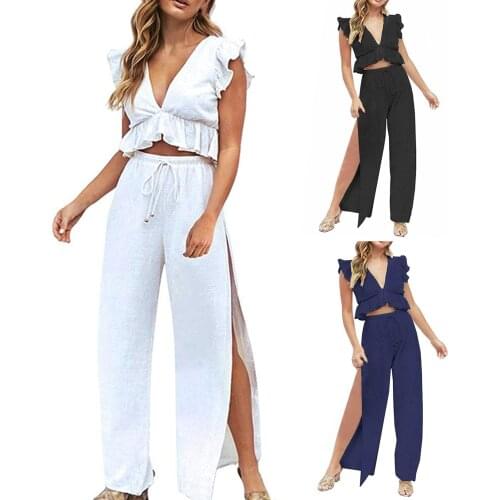 2021 Womens Two-piece Pant Set Deep V-neck Ruffled Blouse Side Slit Drawstring Wide-leg Pants Simple Casual High Quality Pants