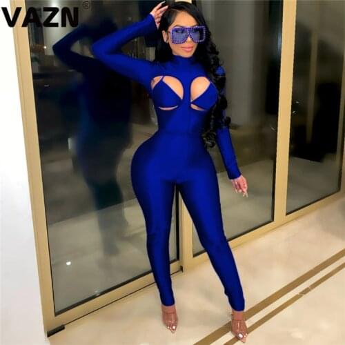 VAZN 2020 New Unusual Open Hollow Out Sexy Club Solid Full Sleeve Jumpsuits 1 Piece Bikini Top Skinny Women 2 Piece Set