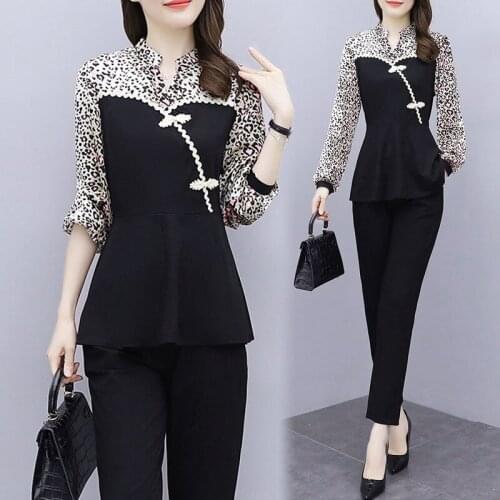 2021 Spring Autumn Two Piece Set Women Long Sleeve Leopard Shirt and Pants Suit Casual Office Lady Clothing for Female D105