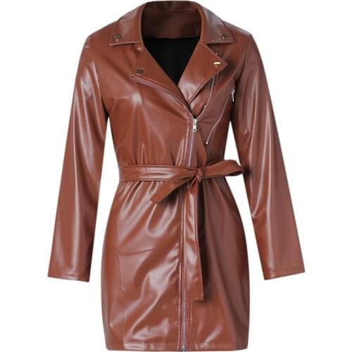 Women Sexy Long Sleeve Zipper Sexy V Neck Vogue Retro Elegant Mini Dresses Sashes Casual Stylish PU Leather Party Club Tunic