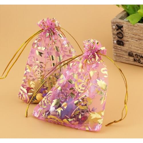 13x18cm (7.08"x5.11")100pcs Pink Rose Christmas Bags Wedding Drawable Organza Voile Gift Packaging Bags Cheap Pouches Bags