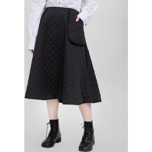 2020 Winter Women Skirt Midi with Big Pockets Plus Size Argyle Cotton Padded a Line Black Irregular Bandage Waist Streetwear