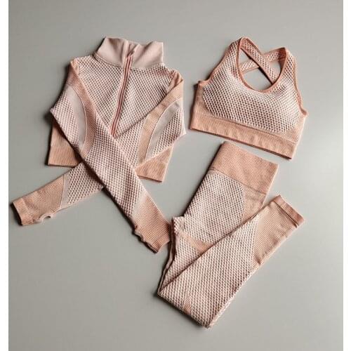 3PCS Women Yoga Set with Zipper Quick Dry Elastic Sport Fitness Suit Running Workout Clothes Gym Bra+long Sleeve Shirts+leggings