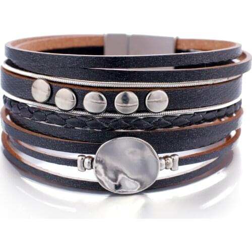 Amorcome 2020 Trendy Braided Leather Bracelets for Women Ladies Boho Metal Charm Multilayer Wrap Bracelet Female Jewelry