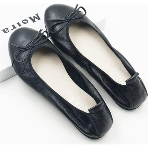 Classic Slip On Zapatos De Mujer Sapato Feminino Size 34-43 Colorblock Cap-Toe Bowknot Genuine Leather Ballet Flats Shoes Woman