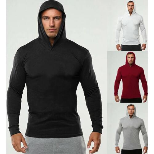 Bodybuilding Long Sleeve Hooded T-Shirt Men Autumn Tracksuit Fitness T Shirt Men Brand Plain Gym Clothing Slim Fit Cotton Tees