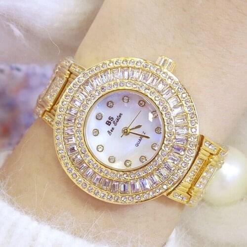 Bs Bee Sister Big Dial Full Diamond Watches For Woman 2020 Famous Brand Crystal Female Gold Wristwatch Unique Ladies Clock