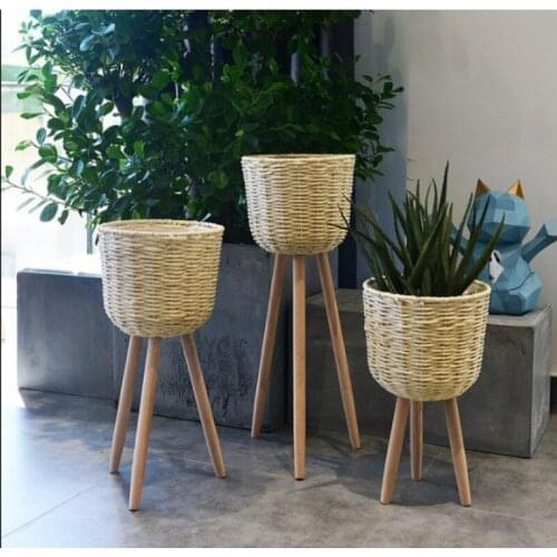 Wooden flower stand high and low flowerpot plant pot straw basket floor decoration simple living room balcony farmhouse decor