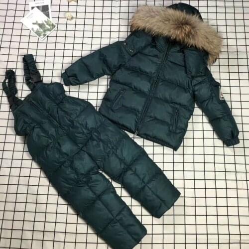 2019 Childrens Winter Suit for Girls Warm Down Fur Boys Snow Sutis Sports Real Fur Kids Clothing Sets Windproof Child Outfits
