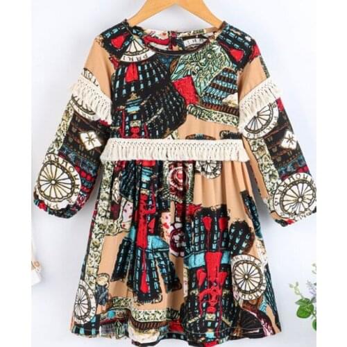 2021 Baby Long Sleeve Dress with Tassel Decoration Ethnic Style Printing Round Neck Spring Autumn Clothing