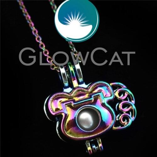 GLOWCAT R-C639 Rainbow Color Telephone Beads Cage Pendant Perfume Diffuser Aromatherapy Pearl Cage Locket Necklace