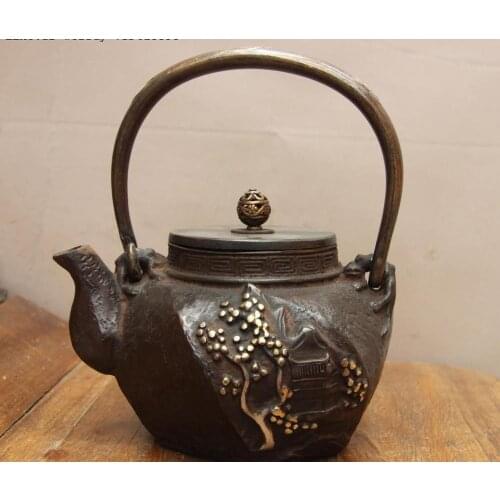 Jepan Iron Silver Gilt Old Trees Pavilion Building Water Bottle TeaPot Teakettle