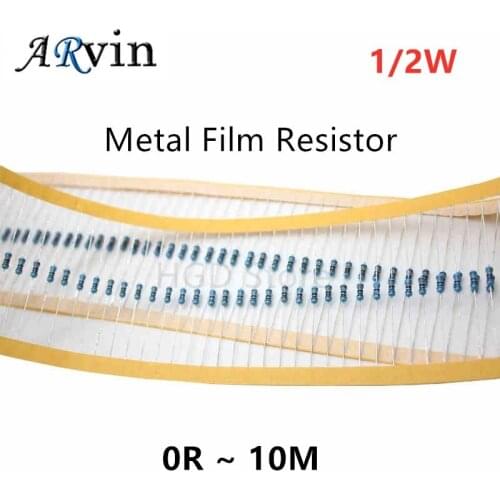 50Pcs 1/2W Metal Film Resistor 1% 0R ~ 10M 0.1R 100R 220R 1K 1.5K 2.2K 4.7K 10K 22K 47K 100K 100 220 1K5 2K2 4K7 ohm Resistance