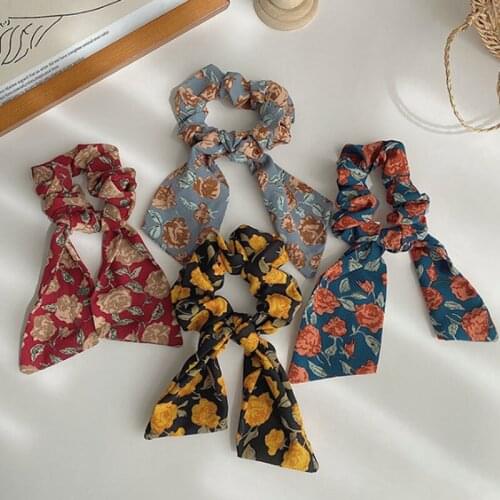 Fashion Floral Print Scrunchies Solid Long Hair Ribbon For Women Ponytail Scarf Sweet Elastic Hair Band Hair Accessories