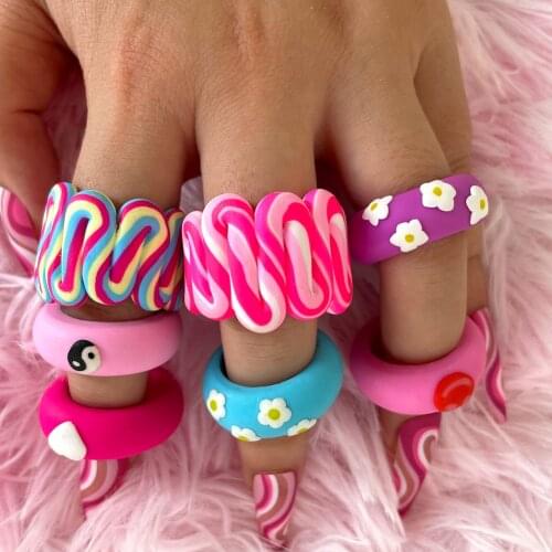 Fashion Cute Colorful Rainbow Handmade Ceramic Clay Rings New Design Purple Flower Round Ring Y2K Jewelry for Women Girls Gifts