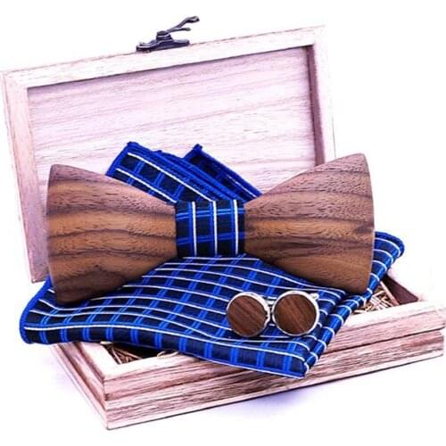 Fashion Quality Wooden Bow Tie For Men Unisex Carved Retro Neck Ties Vintage Navy Blue Bowtie Cufflinks Sets