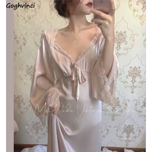 Nightgowns Women Pink Lace Sexy Deep V-neck Flare Sleeve French Style Elegant Ladies Nightdress Slik Sleepwear Bath Robe Female