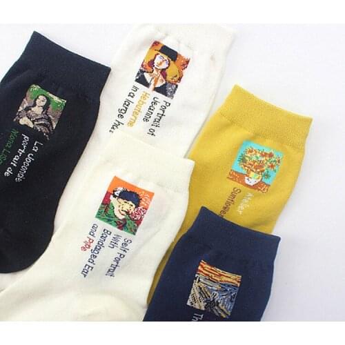 New Style Oil Painting Womens Socks World Famous Painting Monlarisa Socks Cotton Middle Tube European and American Trendy Socks