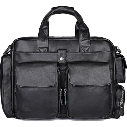 17" Mens Briefcase Laptop Bag Black Genuine Leather Male Travel Business Fashion Hand Casual Tote Shoulder Bags Cow Leather