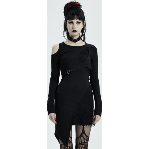 PUNKRAVE Womens Punk Personality Long Sleeve Short Dress Handsome Novelty Removable Collar Asymmetry Shoulder Dress