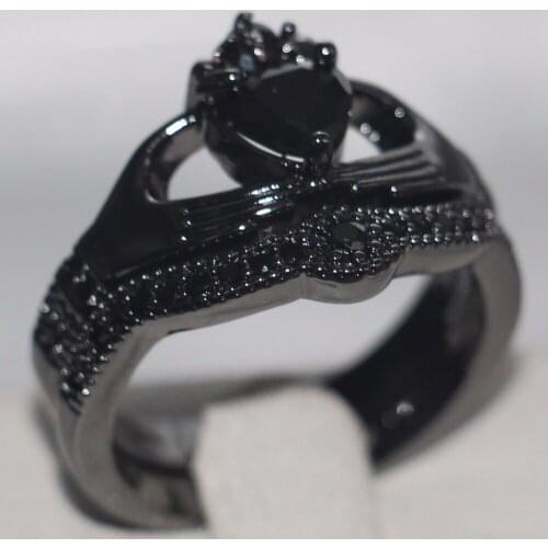 Size 5-11 Fashion Jewelry Heart Shape Black 5A CZ 10kt Black Gold Filled Pave Setting Wedding Couple Finger Rings Gift For Women