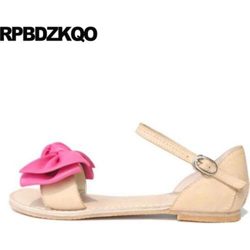 Ankle Strap Bow Summer Open Toe Beige Holiday Ladies Kawaii Shoes Bowtie 2018 Women Sandals Flat Casual Genuine Leather Cute