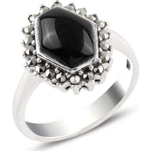 Silver 925 Sterling Onyx & Marcasite Ring