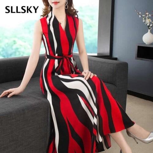 SLLSKY Sexy Fashion Sleeveless Striped Womens Dress 2021 Summer V-Neck Slim Female Dress Adjustable Sashes Chiffon Long Dress