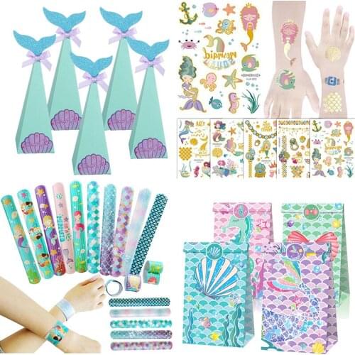 CYUAN Mermaid Party Favors Memmaid Slap Bracelet/Tattoo Stickers/Candy Bags/Pin Games Birthday party Decorations girl Party gift