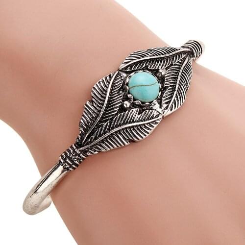 Vintage Synthetic Stone Leaf Alloy Cuff Bangle For Women Bohemia Geo Channel Setting Metal Bracelet Fashion Jewelry Pulseras