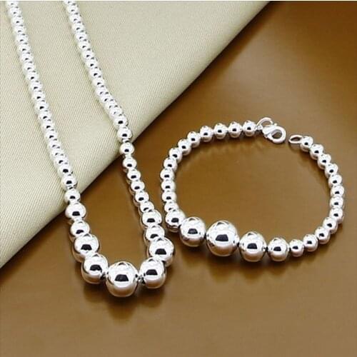 High Quality 925 Sterling Silver Fashion Elegant Smooth Bead Round Necklace Bracelet Jewelry Sets Fine Jewelry