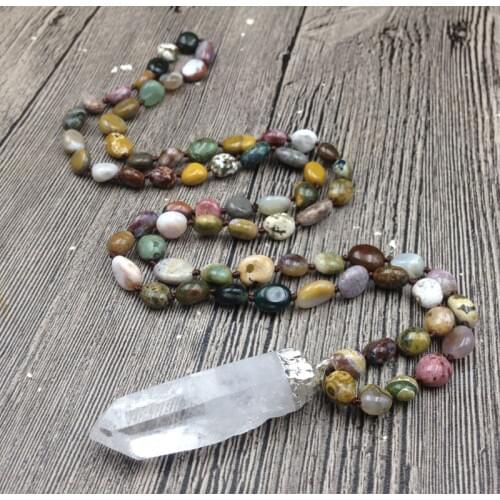 YA3027 Rough Quartz Pendant Ocean Jaspers Nuggets Beads Knot Necklace