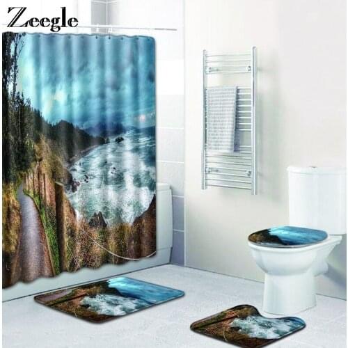Zeegle Scenic Printed Toilet Bath Mat Set Toilet Pedestal Rug Flannel Washable Absorbent Soft Bath Mat Set Non Slip Bathroom Rug