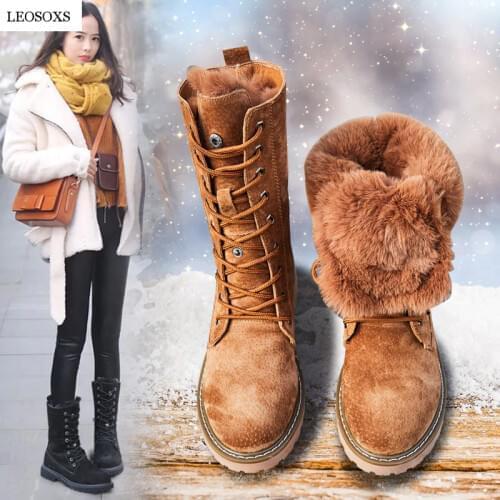 LEOSOXS Wedge Shoes Genuine Leather Snow Boots Woman Winter Boots Winter Warm Womens Shoes Mid-Calf Ladies Platform Booties 41