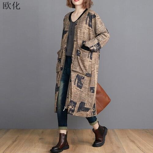 Vintage Print Streetwear Zipper Cardigan Jackets Female 2020 Autumn New Loose Long Sleeve Outwear Women Clothing Plus Size Coats