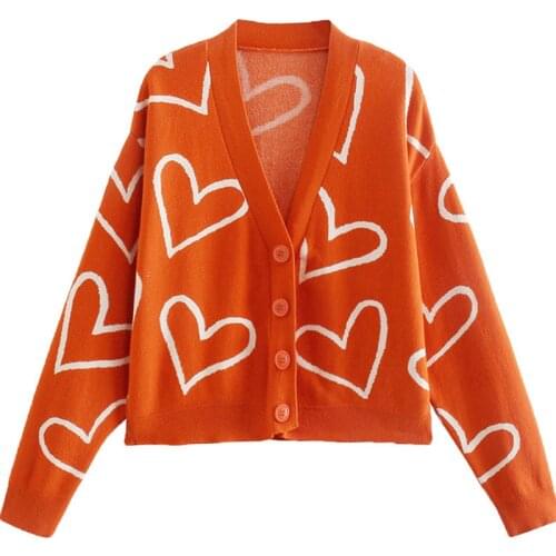 Aonibeier 2021 Za Woman Casual Traf Crop Tops Autumn Y2K Sweet Heart Print V Neck Loose Knit Cardigan Female Orange Sweaters