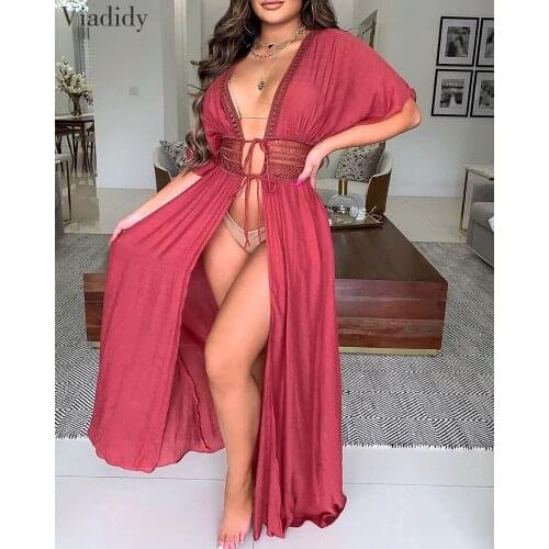 Women Summer Short Sleeve Lace Patchwork Beach Style Cover Up Maxi Dress