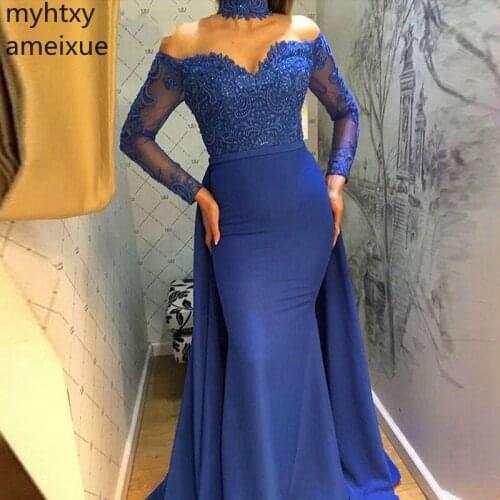 New Arrival Long Sleeve For Women Plus Size Evening Dress 2021 Abiye Gece Elbisesi Royal Blue Gowns Mermaid Robe Longue Soiree