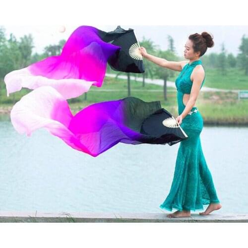 1.8M/2.1M long Fan Veils Women Gradient BellyDance 100% Real Silk Fan Veil 1Pair/2pcs Professional Stage Dance Silk Veil Fan