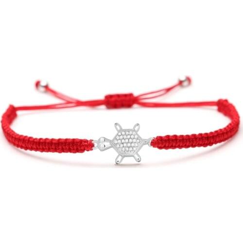 White Zircon Crystal Sea Turtle Charm Macrame Bracelet Women Men Copper Micro Paved CZ Stone Black Red String Jewelry Present